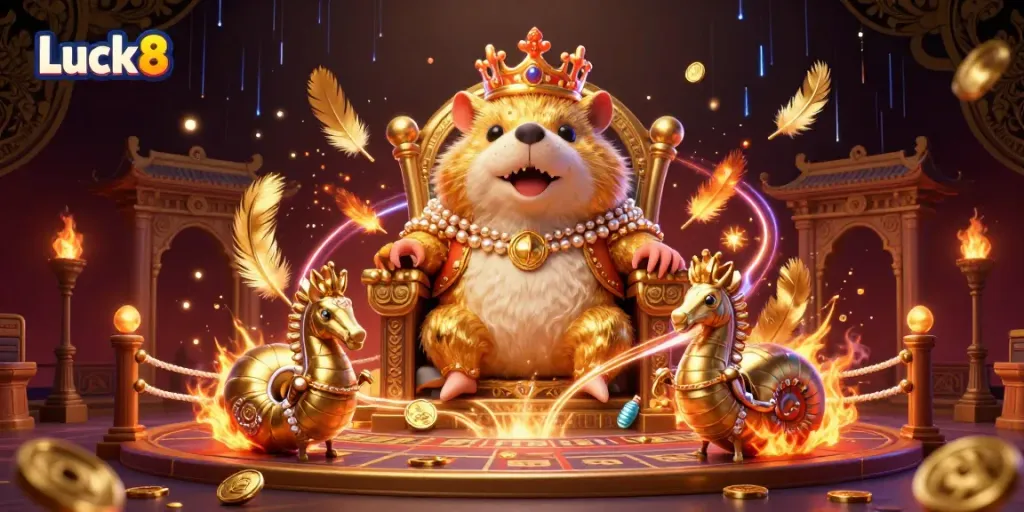 Luck8 invites players to experience an exciting casino atmosphere with a regal hamster king and underwater companions.