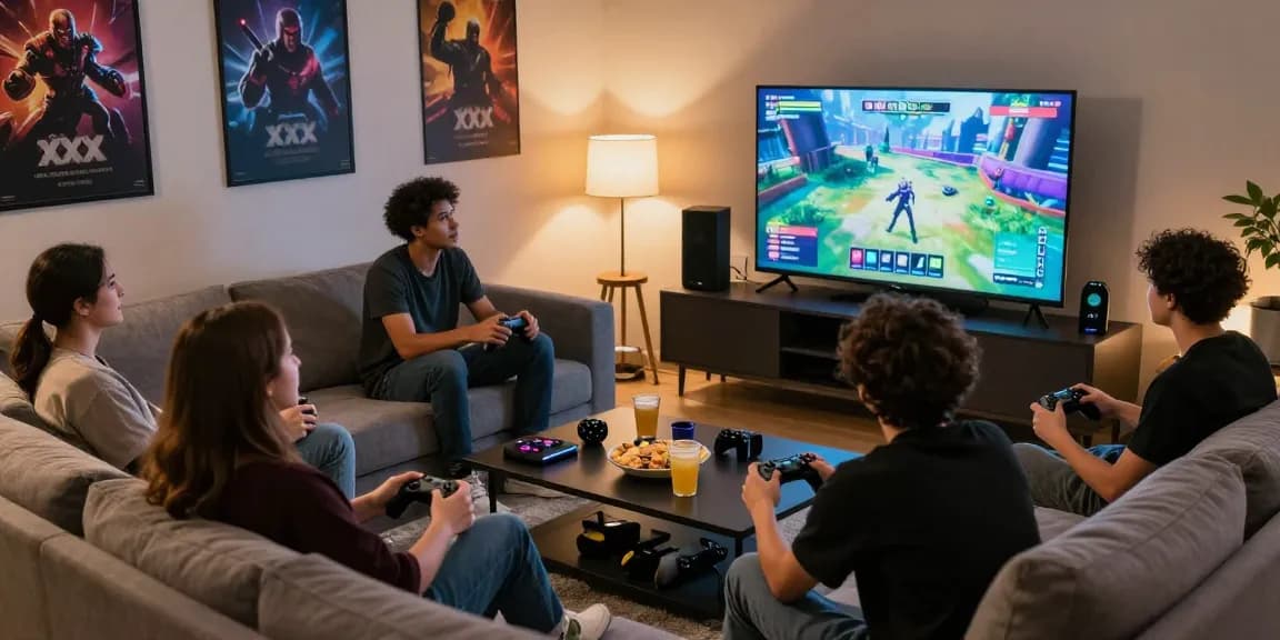 Friends enjoying an evening of xxx games on a big screen in a cozy living room setting.