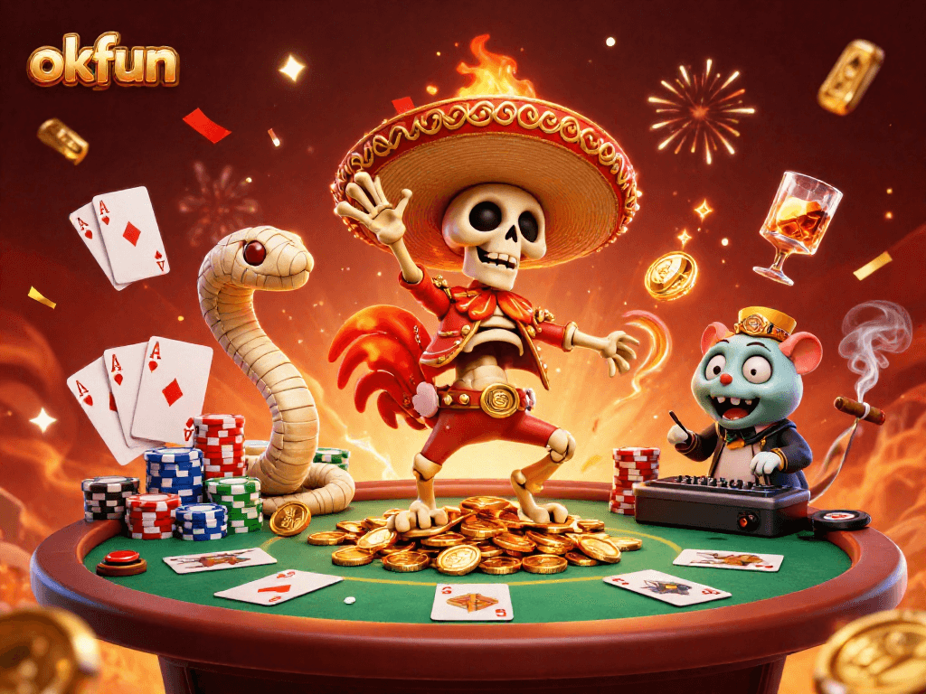 Join the excitement at okfun with a vibrant 3D casino illustration featuring colorful characters celebrating amidst poker elements.