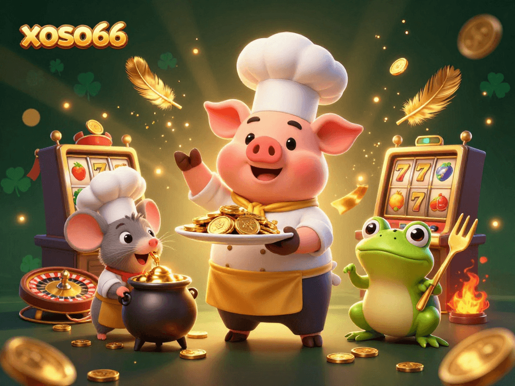 Xoso66 offers gold coins and immersive gaming experiences, showcasing vibrant cartoon characters and exciting casino elements.