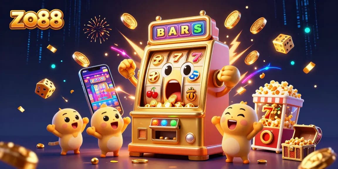Play the exciting zo88 jackpot slot machine as coins burst forth with vibrant energy.