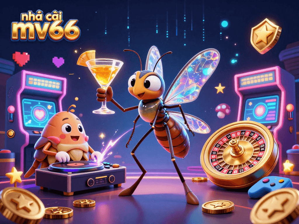 Engage in thrilling play with nhà cái mv66 as a vibrant casino scene featuring dynamic characters and games.
