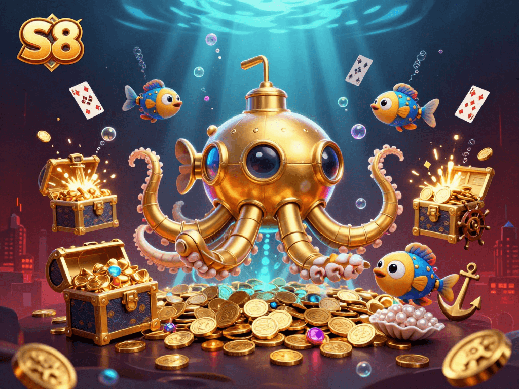 S8 creates excitement with a golden kraken submarine revealing underwater treasure in this casino-themed illustration.