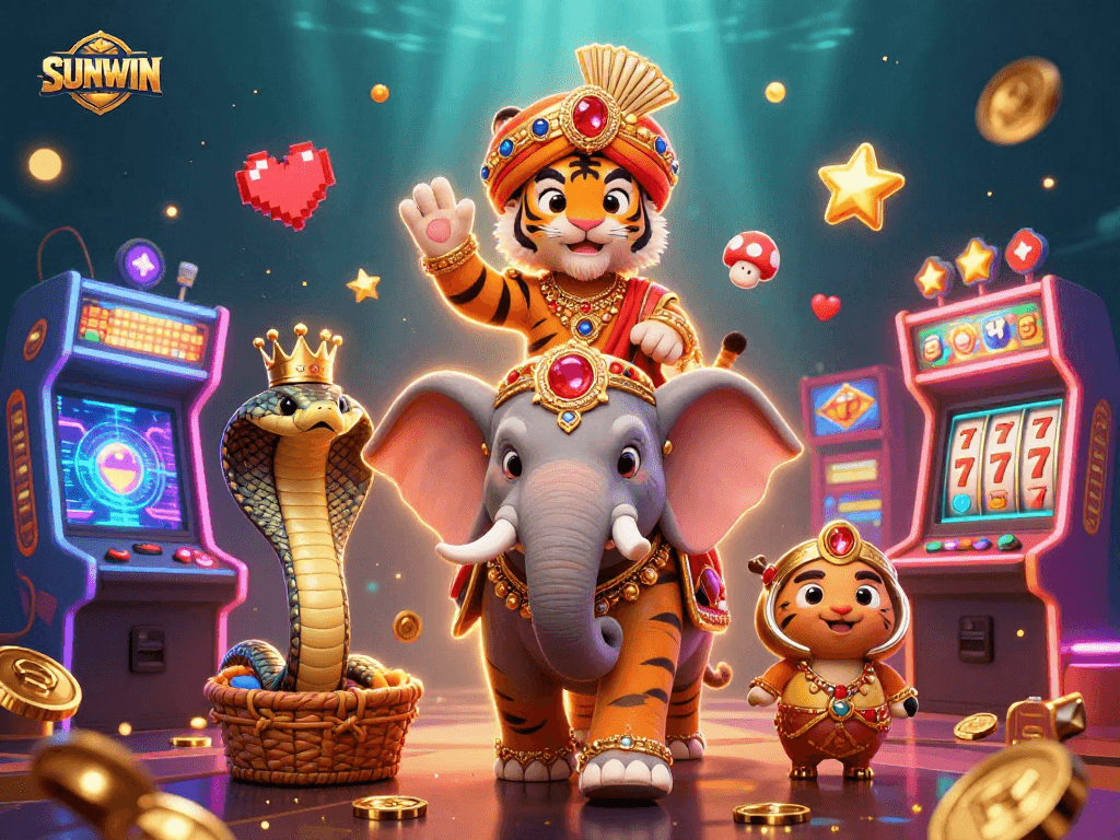 SUNWIN transports players into a vibrant gaming adventure with dynamic 3D characters and rich casino elements.