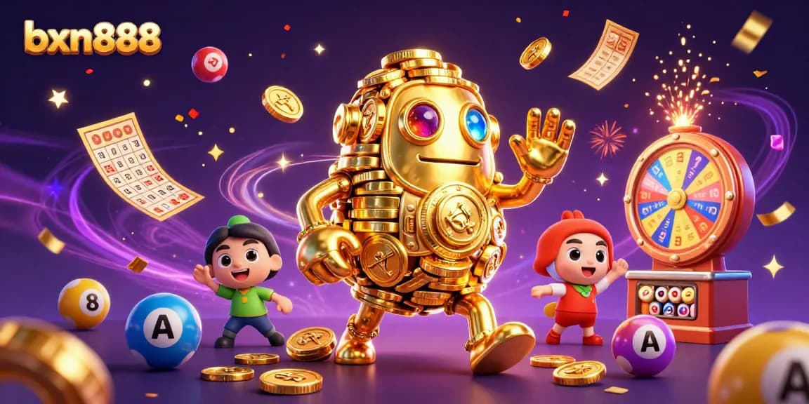 Experience thrilling gameplay at bxn888 with vibrant lottery balls, a golden golem, and festive elements in a dynamic casino scene.