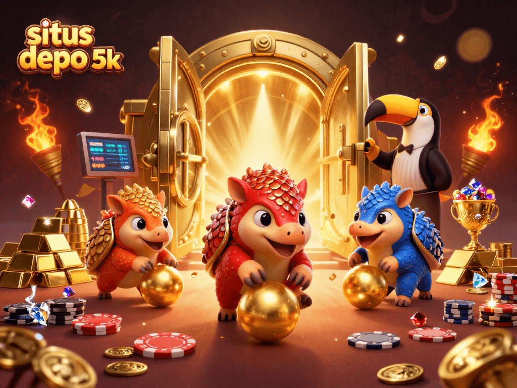 Engage with situs depo 5k through a vibrant 3D scene featuring rival pangolins bowling with poker chips.