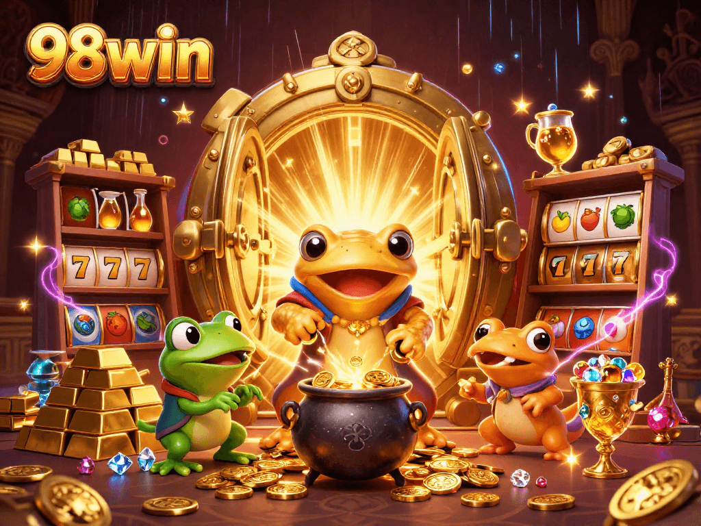 Experience the thrill of 98win with a golden salamander alchemist and vibrant slot elements in an enchanting casino scene.