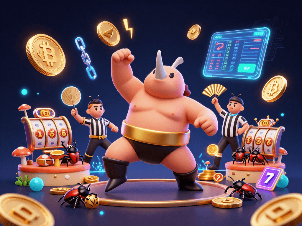 Experience the thrill of hubet98 as a sumo beetle champion sends coins flying in an electrifying casino scene.