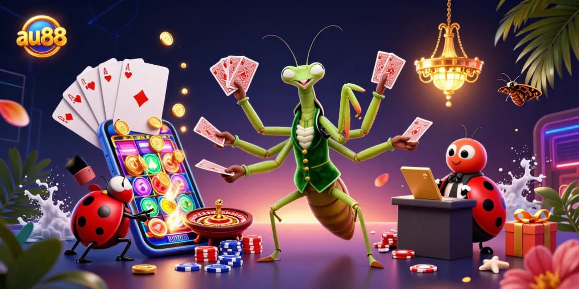 Join the fun with au88 as a giant praying mantis deals cards in this vibrant casino illustration.