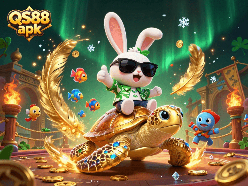 Experience the QS88 apk magic with our playful rabbit and golden turtle in this vibrant gambling scene.