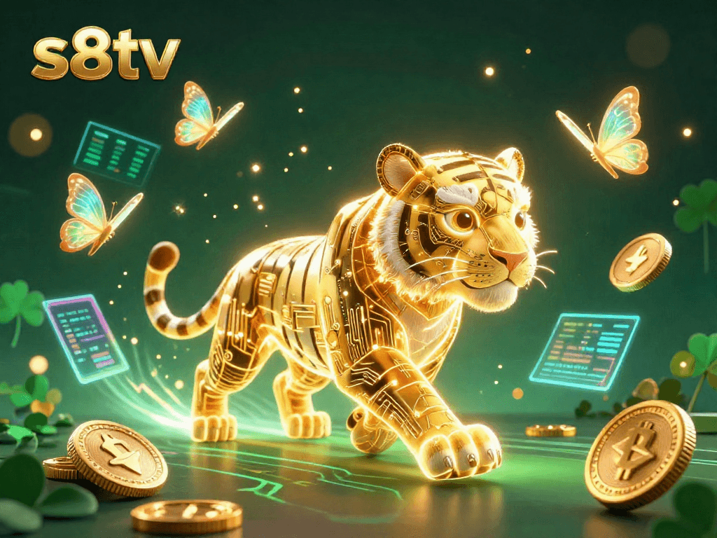 S8TV presents a vibrant casino scene showcasing a golden tiger and butterflies, enhanced with crypto and gaming elements.