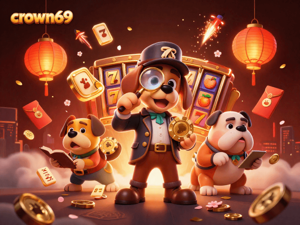 Crown69 reveals a treasure hunt with a detective and bulldog amid golden poker chips and slot reels.