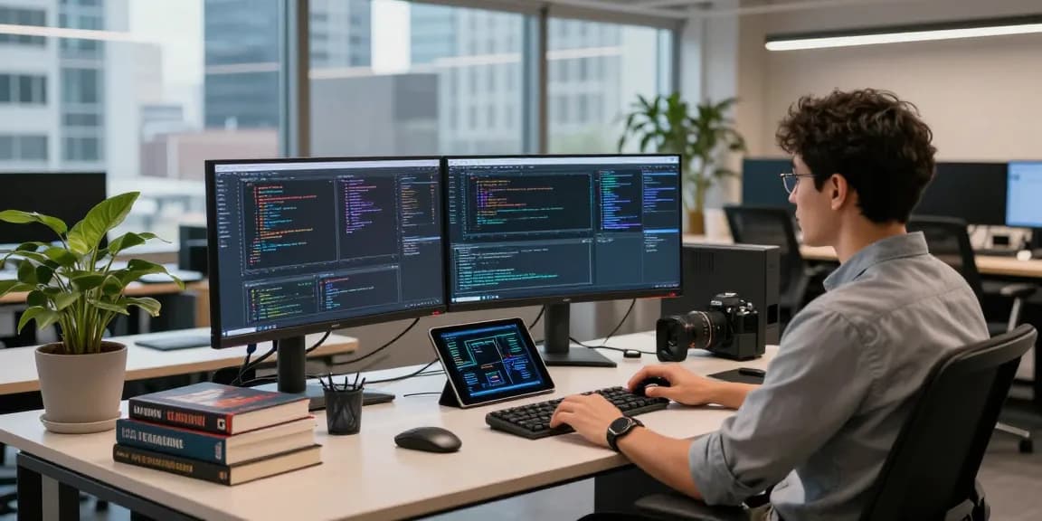 Software developer at a vibrant workspace working on crushonai coding project with multiple monitors and tech gadgets.