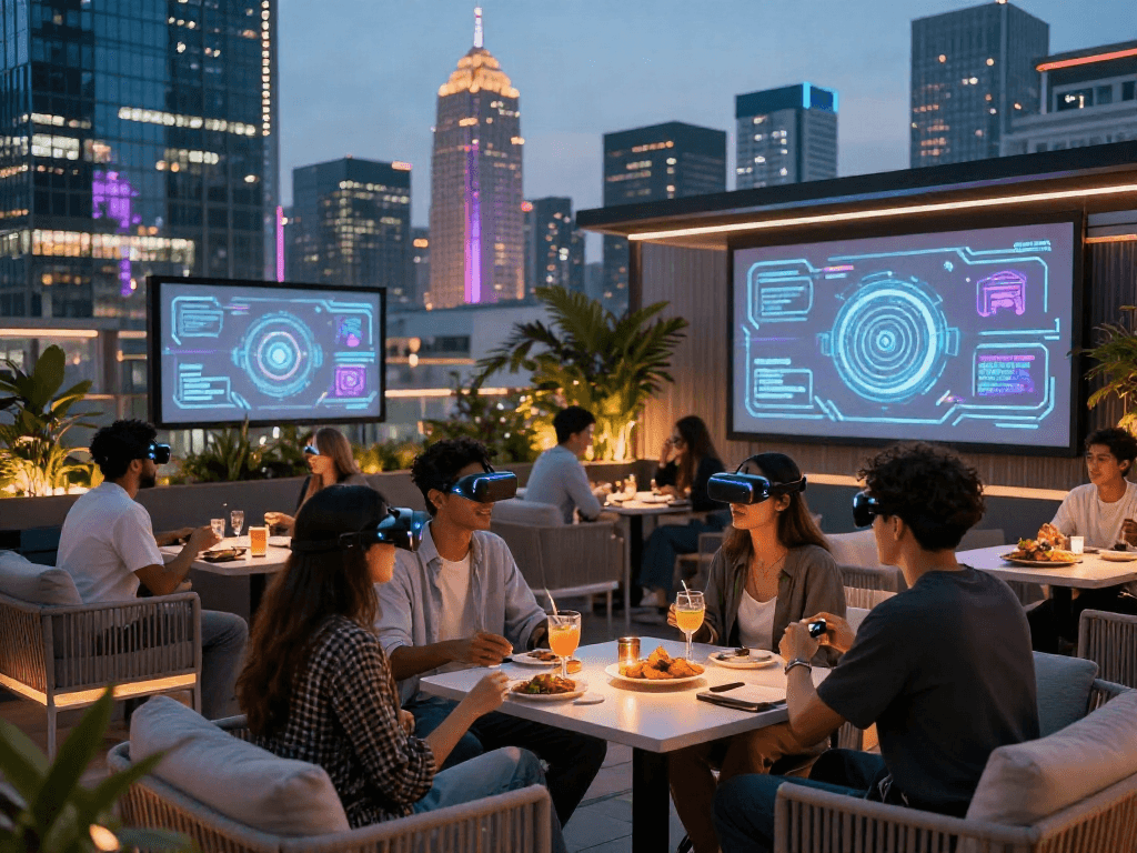 Friends exploring 18+ ai technology at a rooftop lounge in a vibrant city.