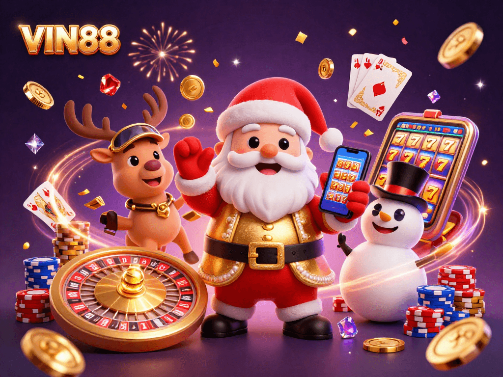 Spin and win with VIN88 as Santa and friends celebrate jackpot wins in an exciting casino!