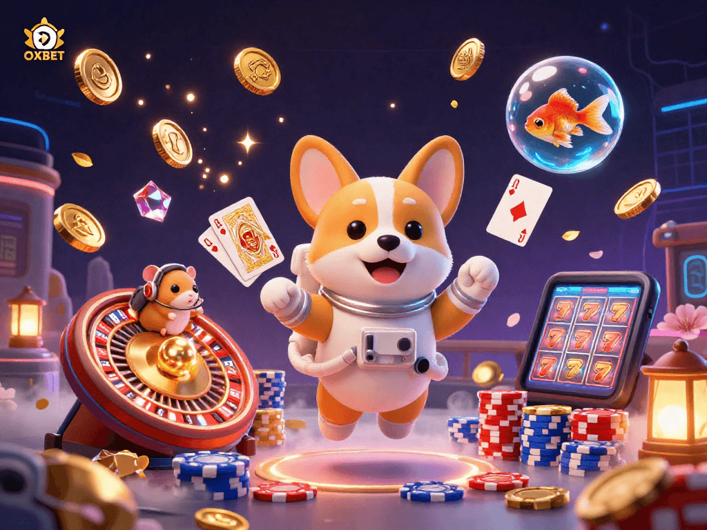 Experience the thrilling casino world of OXBET with an astronaut corgi and floating riches in a vibrant scene.