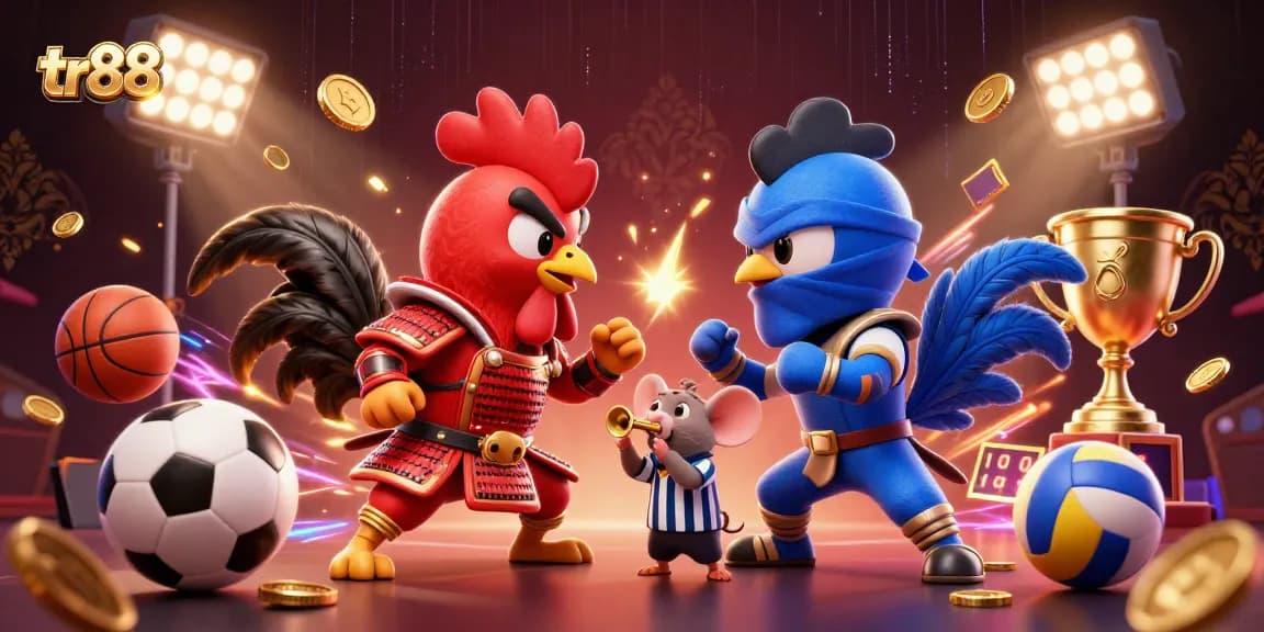 Engage in thrilling cockfighting at tr88, featuring roosters in fierce combat with dynamic sports elements.