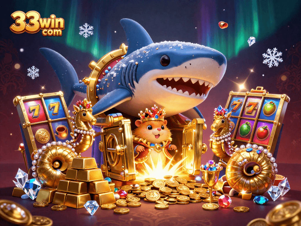 Engage in excitement at 33win com with a vibrant casino scene showcasing a golden hamster king amidst treasures and slot machines.