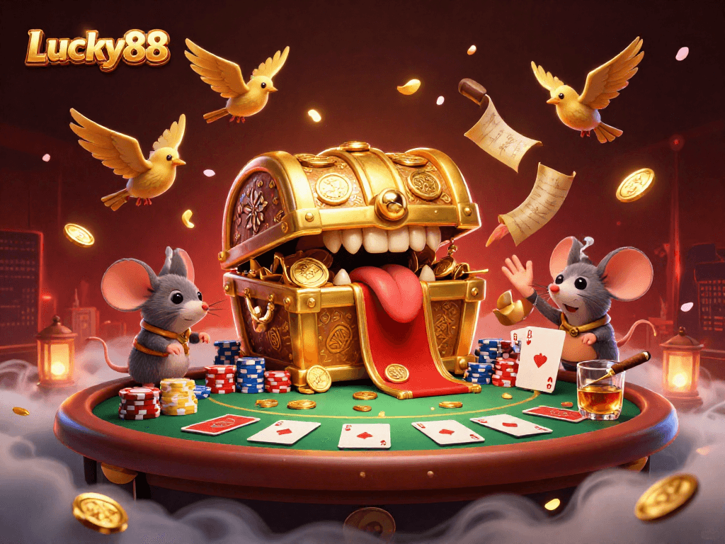 Experience the thrill of Lucky88 with a vibrant and whimsical casino scene filled with action and riches.