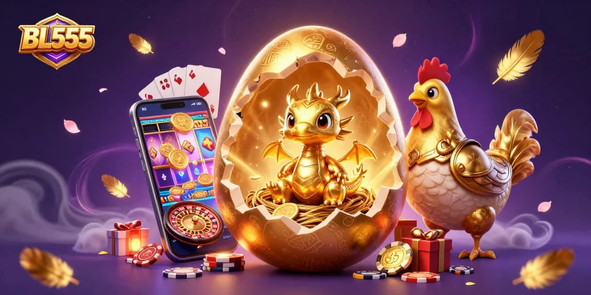 Spin to win with BL555's golden dragon and vibrant 3D casino theme illustration.
