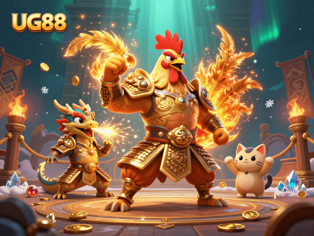 Experience thrilling cockfighting action at UG88, featuring a rooster warrior and a dragon hatchling!