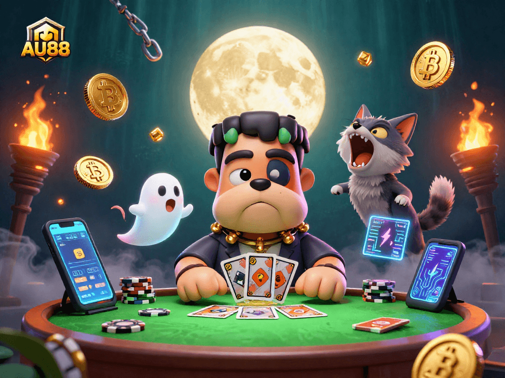 Play engaging games at AU88 with a spooky 3D casino scene featuring unique characters.