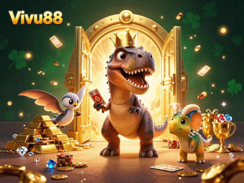 Experience exciting cockfighting at Vivu88, where T-Rex shuffles cards in a vibrant casino