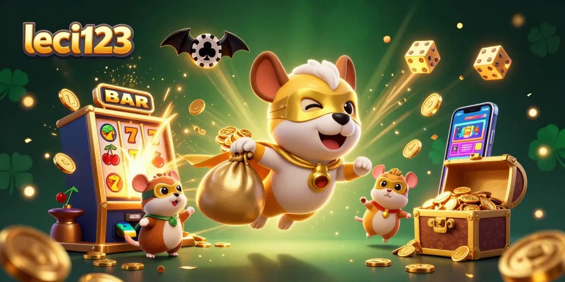 Engaging leci123 themed illustration showcasing a heroic dog and hamster in a vibrant casino scene.