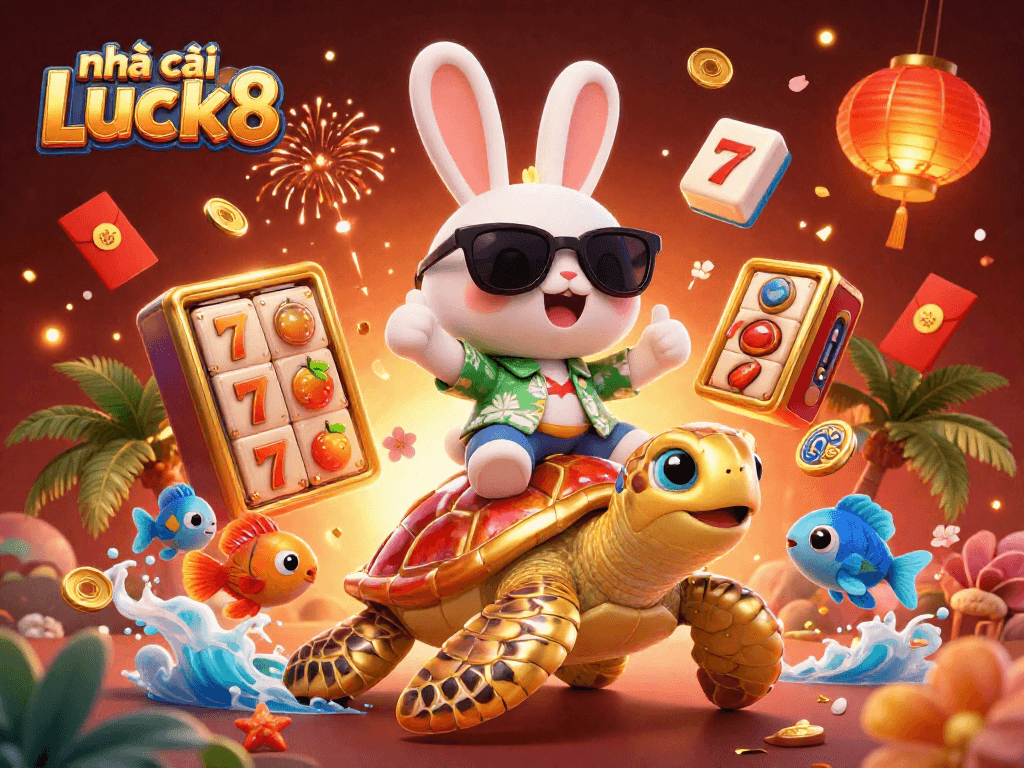 Join the fun at nhà cái Luck8 with a colorful and vibrant casino scene featuring a lucky rabbit and a golden turtle.