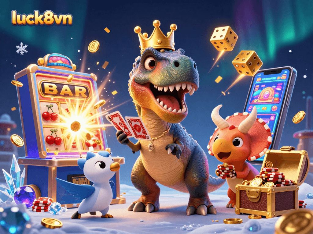 Experience thrilling gameplay with luck8vn as a T-Rex shuffles cards amidst a jackpot explosion!