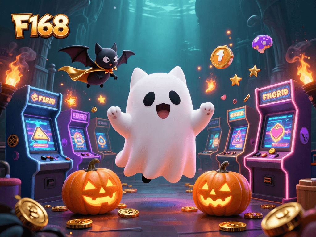 Experience thrilling gaming at F168 with a ghost cat, bat companion, and poker-themed jack-o-lanterns