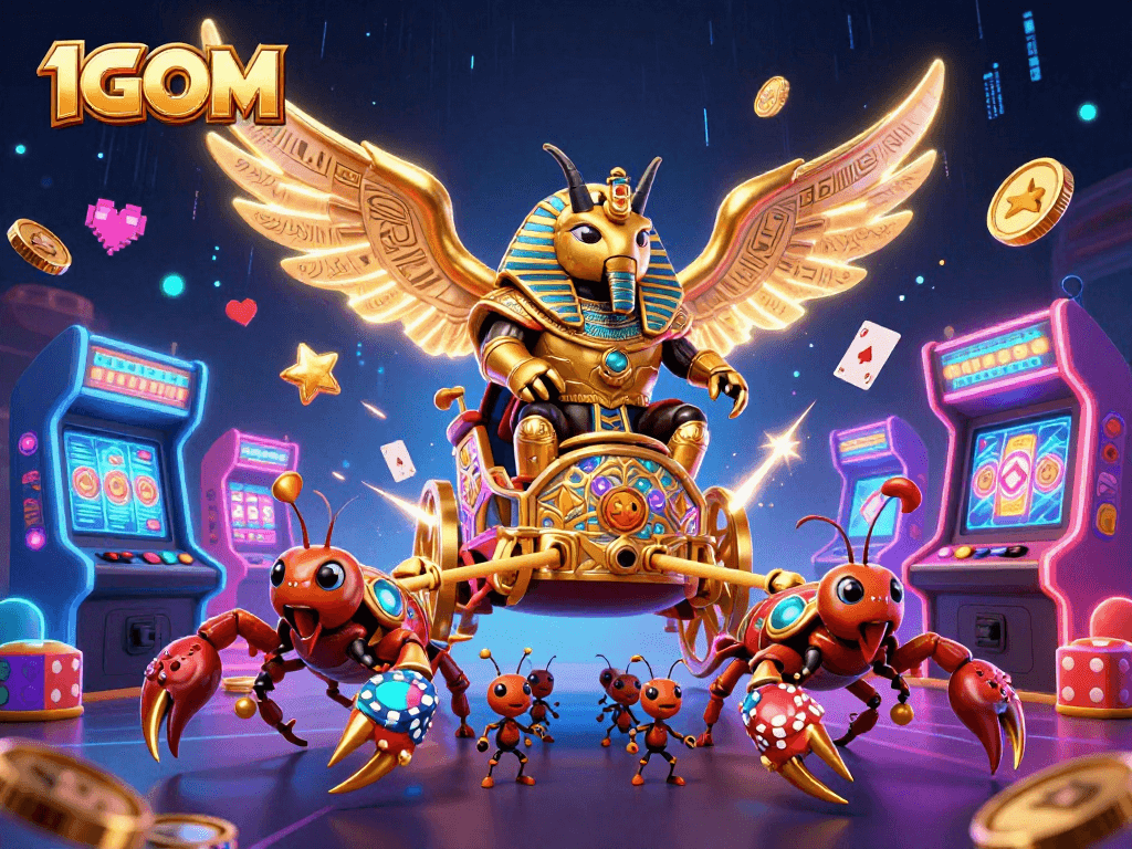 Experience thrilling gaming action with 1GOM through a majestic 3D scene of gambling excitement.