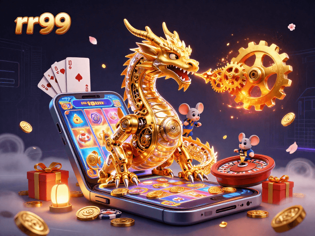 Experience excitement at rr99, spinning colorful slot reels with golden coins and playful characters.