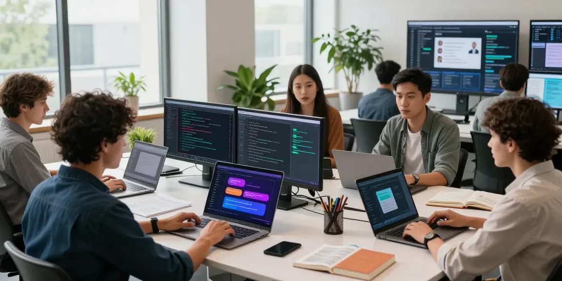 Developers engaged in juicy ai chat technology discussions in a modern workspace.
