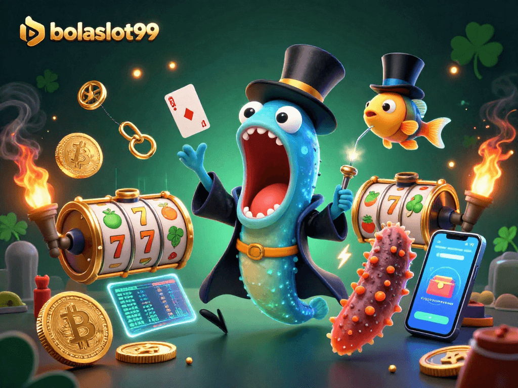 BOLASLOT99 showcases a magical scene with a gulper eel and friends performing slot tricks amid glowing crypto elements.