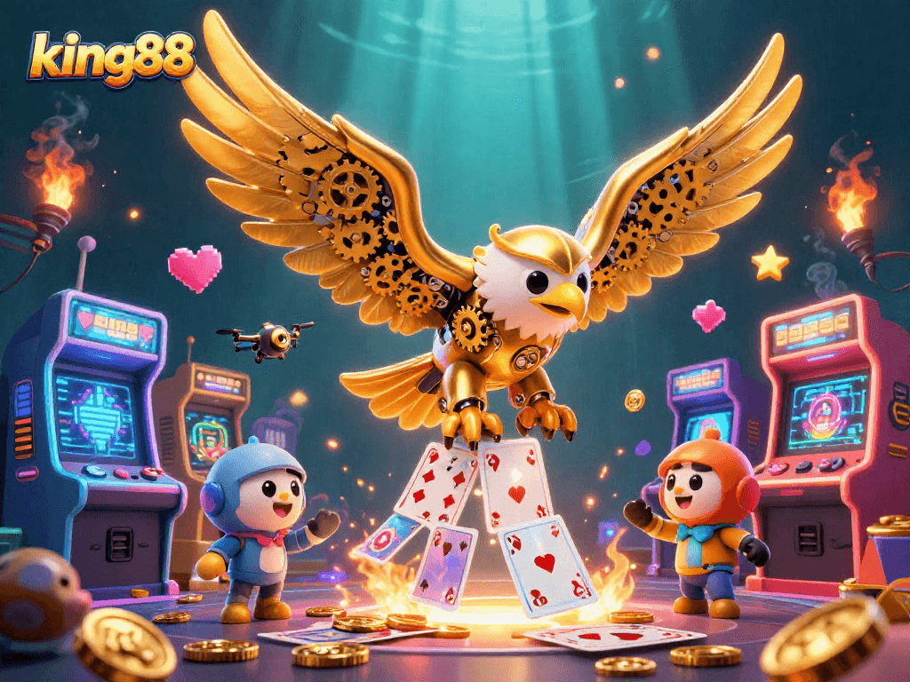 King88 gaming illustration showcasing a golden eagle amid holographic cards and arcade elements.