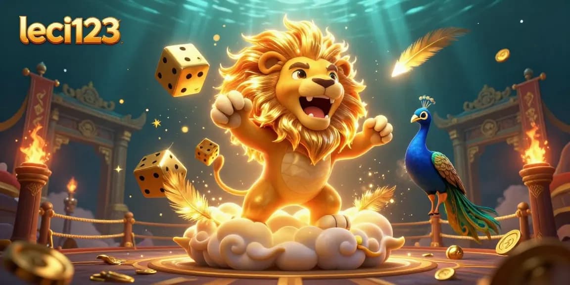 Experience the thrill of gaming with leci123's vibrant casino illustration featuring a roaring lion and golden dice.