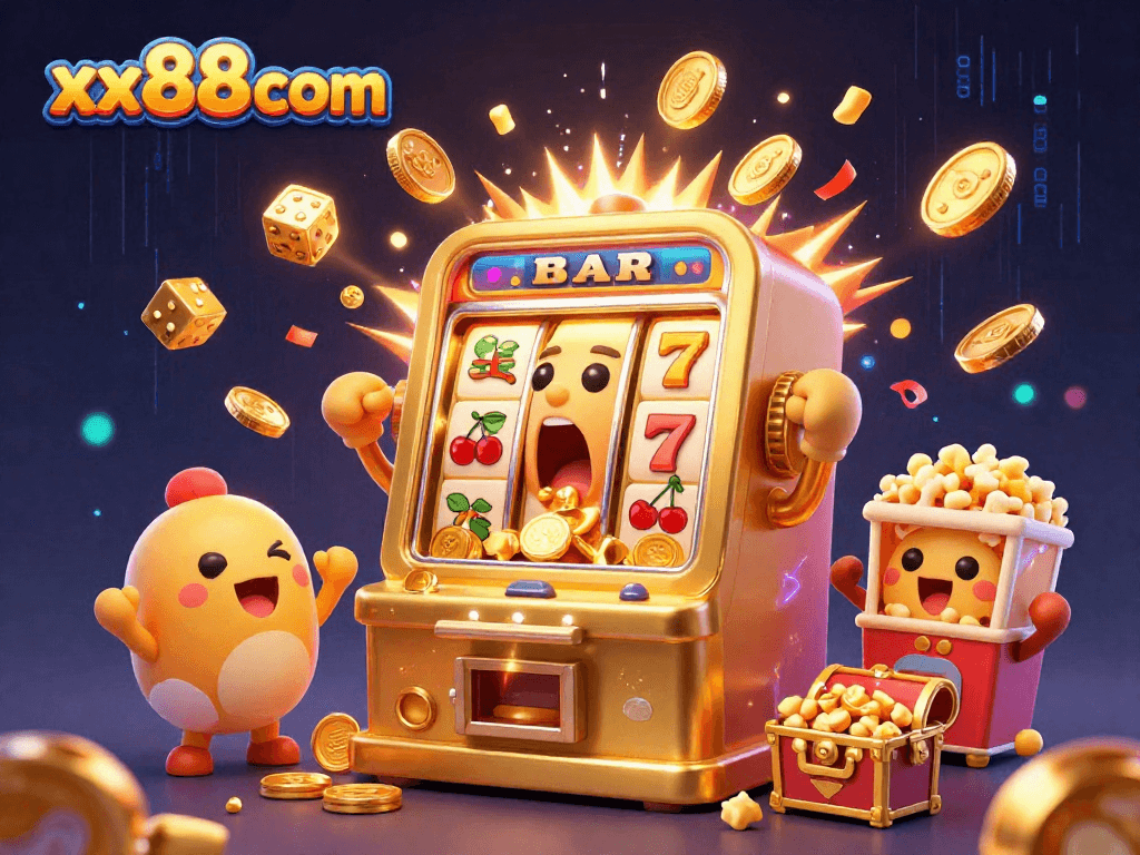 Experience thrilling wins with xx88com's vibrant slot machine jackpot illustration featuring gold coins and exciting casino elements.