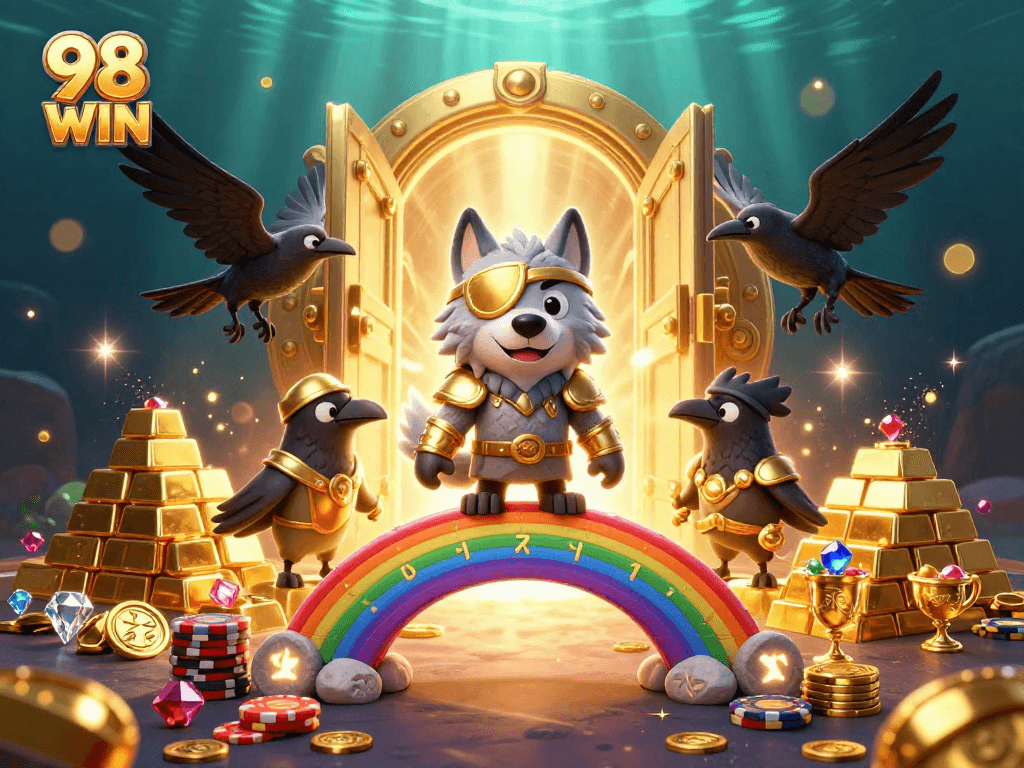 Play games and win at 98 WIN with Odin and ravens amidst treasures and casino chips