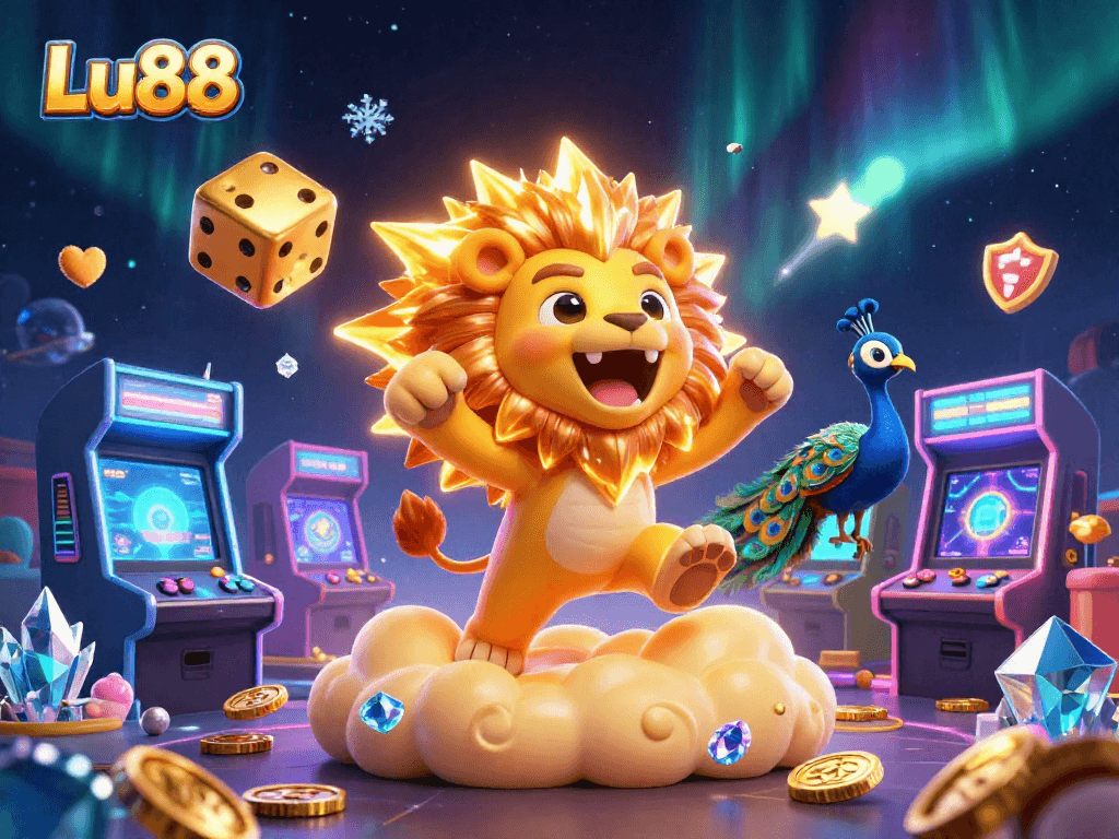 Experience the thrill of gaming at Lu88 with stunning visuals of a roaring lion and dynamic casino elements.