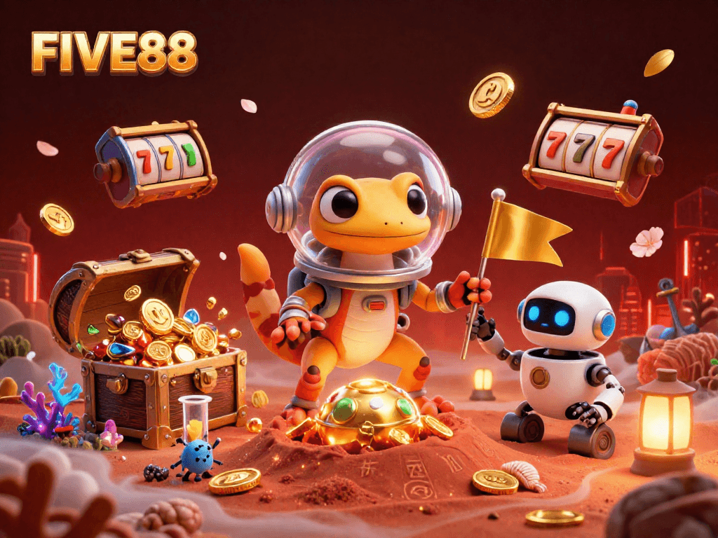 Engage with the vibrant casino world of FIVE88, where a Martian gecko uncovers treasures amidst galactic exploration.
