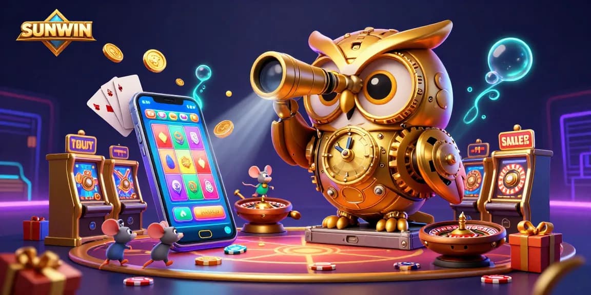SUNWIN showcases a vibrant 3D illustration of a golden owl scanning a busy casino floor filled with dynamic game elements.