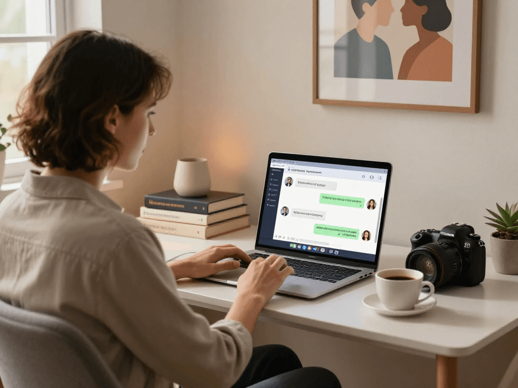 Engaging ai sex conversation with user interacting with AI chatbot in cozy workspace.