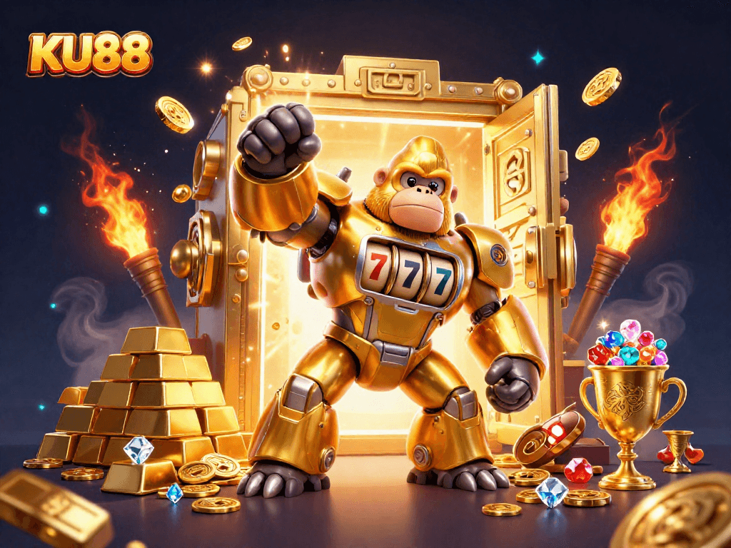 Engage with the golden gorilla mech at KU88 as it launches coins amidst treasures.