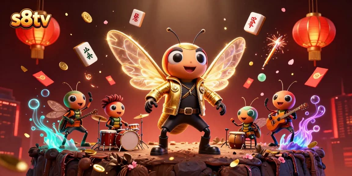 S8TV showcases a vibrant and dynamic scene of a rock star cicada with electric wings, celebrating the excitement of online betting.
