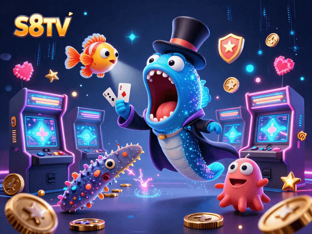 S8TV engages players with a vibrant magical casino scene featuring a bioluminescent eel and anglerfish.