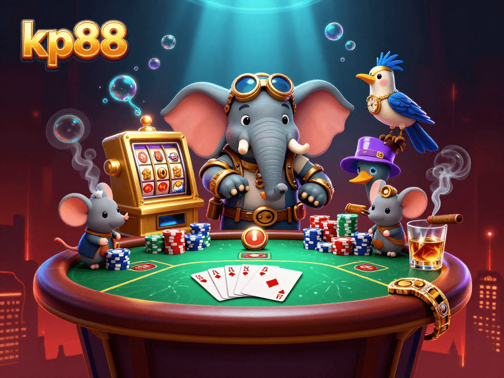 Engage with kp88's thrilling gaming experience featuring steampunk characters operating a golden slot machine.