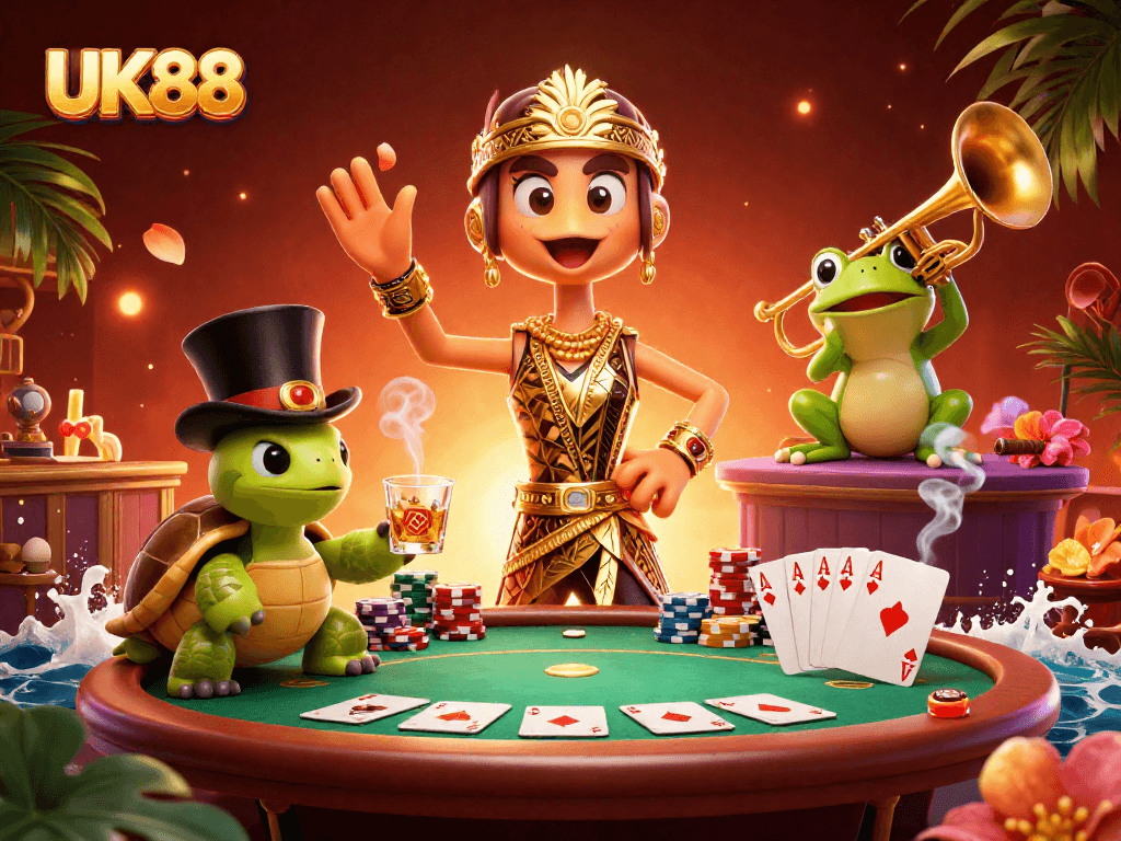 Engage with UK88's vibrant casino atmosphere featuring lively characters and poker elements.