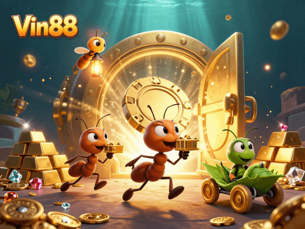 Vin88 heist illustration featuring cartoon ants, golden poker chip, and vibrant treasures.