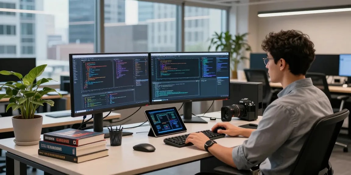 Software developer at a vibrant workspace working on crushonai coding project with multiple monitors and tech gadgets.